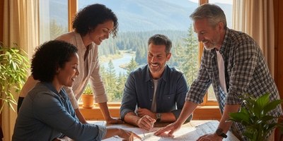 Two couples  going over home plans